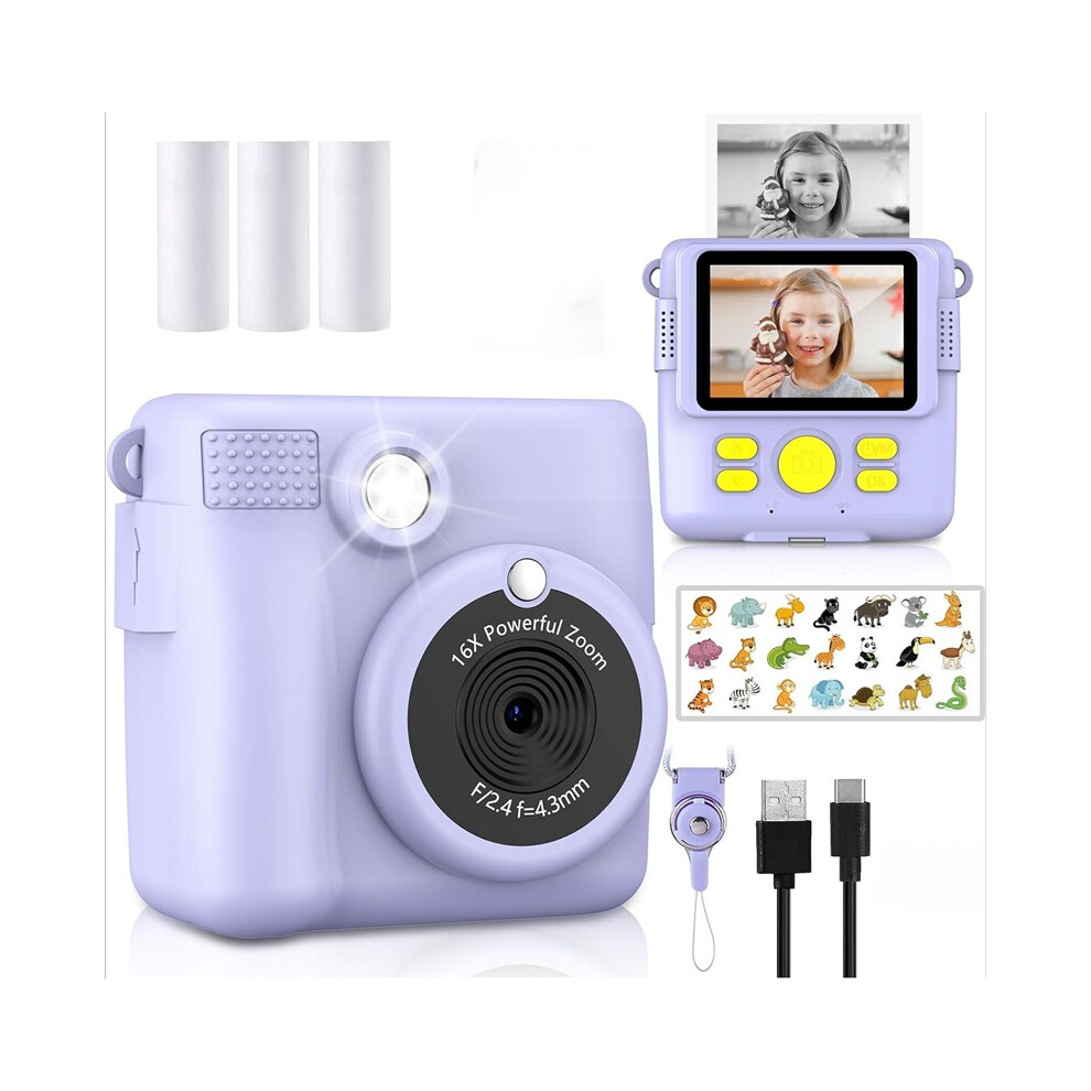 (Purple) 1080P Hd Video Camera Portable Instant Print Camera For Kids With 3 Rolls Photo Paper And 32Gb Card Perfect Toy Toddlers Purple 4048712631118