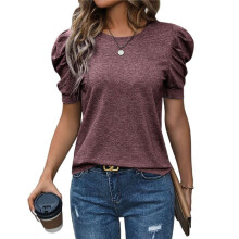Suéter de Manga Corta Abullonada para Mujer, Tops de Primavera y Verano 2025, Conjuntos de Punto, Camisa de Cuello Redondo, Blusas, Color Burdeos L