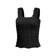 Tops Cortos de Tirantes Anchos con Cuello Cuadrado para Mujer, Tops Florales para Salir, Tops Cortos Ajustados con Ribete de Lechuga, Negro L