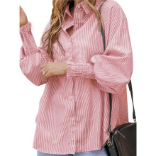 Blusa Estilo Boyfriend A Rayas con Puños Fruncidos para Mujer, Estilo Túnica Informal con Mangas con Volantes y Bolsillos, Rayas Rojas, Talla S