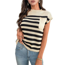 Suéter Informal de Rayas con Cuello Redondo y Aguja Gruesa para Mujer, Caqui, Talla S