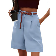 Pantalones Cortos de Verano para Mujer, con Cintura Elástica, Pierna Ancha y Bolsillos, Color Azul Claro, Talla XXL