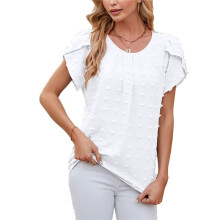 Camisa de Gasa con Cuello Redondo, Mangas Pétalo, Color Liso y Pompones, Color , Talla XL