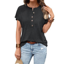 Tops Henley de Manga Corta para Mujer, Cuello en V, Elegantes, Informales, Holgados, Negros, XXL