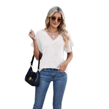Camiseta Holgada Informal de Color Liso con Cuello en V para Mujer, Manga Corta, Blanca, Talla M