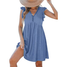 Vestido Tipo Cárdigan de Manga Corta con Cuello en V y Ribete de Encaje, Color Azul Claro, Talla L