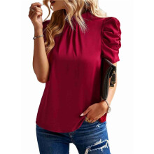 Blusa Informal de Verano Estilo Bohemio para Mujer, con Volantes, Manga Corta, Cuello Alto, Estampado Floral, Color Vino Tinto, Talla XL, 2025