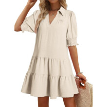 Vestido Plisado de Manga Corta para Mujer, Color Crema, Talla XL