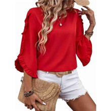 Top de Encaje con Cuello Redondo y Mangas Tres Cuartos Irregulares, Color Rojo, Talla S