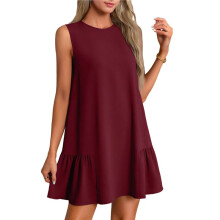 Vestido Tipo Chaleco Sin Mangas con Cuello Redondo en Color Liso, Color Rojo Vino, Talla L