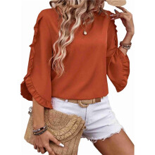 Top de Encaje con Cuello Redondo y Mangas Tres Cuartos Irregulares, Color Naranja, Talla M