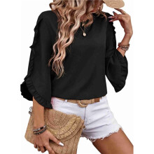 Top de Encaje con Cuello Redondo y Mangas Tres Cuartos Irregulares, Negro, Talla M