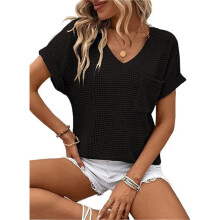 Camiseta Básica de Manga Corta para Mujer, Informal, de Punto Gofre, con Cuello en V, Color Negro, Talla M