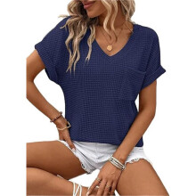 Camiseta Básica de Manga Corta para Mujer, Informal, de Punto Gofre, con Cuello en V, Color Azul Marino, Talla L