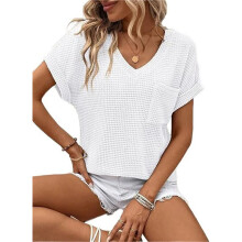 Camiseta Básica Informal de Manga Corta para Mujer, Cuello en V, de Punto Gofrado, Color , Talla XXL