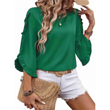Top de Encaje con Cuello Redondo y Mangas Tres Cuartos Irregulares, Verde Talla S