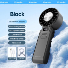 (A Black ICE) KINSCOTER Portable Air Cooling Turbo Fan 3600mAh 100 Wind Speeds Adjustable Outdoor Foldable Student Handheld Fan with Lanyard