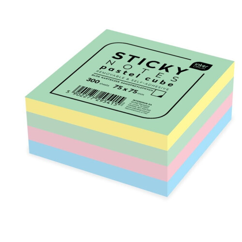 Pastelfarvede selvklæbende notesblok 75x75mm 300K