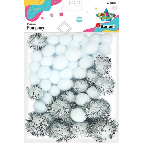 Polyester og glitterpomponer hvide 50 stk.