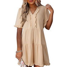 Vestido Informal de Mujer con Escote en V, Manga Corta y Volantes, Corte A, Color Albaricoque M