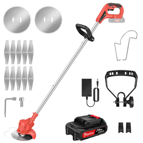 (With 2 Batteries) 2-in-1 Electric Lawn Trimmer & Edger Metal Blade Cordless Weed Cutter for Garden Borders