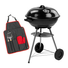 KCT Compact Round Kettle BBQ Tool Set Charcoal Patio Barbecue Outdoor Barbeque Grill Steel Black with Lid Wheels Party Cooking Stove Portable Camping