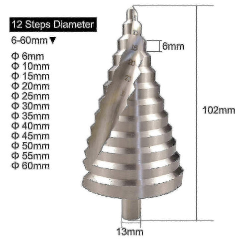 6-60mm Hss Step Drill Bit Spiral Conical Slot Countersink 12 Steps YVL 1