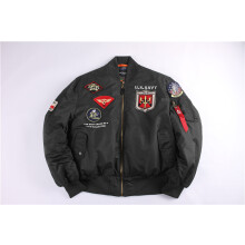 (Black, M) Winter Retro USAF Pilot Jacket MA1 Cotton Coat Couple's Badge Set