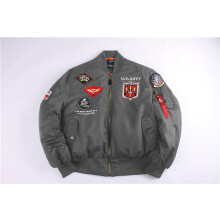 (Gray, L) Winter Retro USAF Pilot Jacket MA1 Cotton Coat Couple's Badge Set