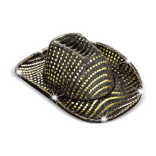 (Black Background Gold Piece) Cappello da cowboy western con paillettes rosa e argento fluorescenti, a LED, in EVA, con luci colorate.