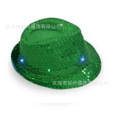 (Green) Cappello a cilindro per bambini con paillettes a LED, cappello da jazz luminoso per palcoscenico, cappello accessorio per spettacoli.