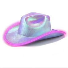 (Purple) Cappello da cowboy rosa laser per festa di Halloween con perline luminose bianche ed effetto fosforescente