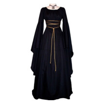(Black, S) Abito da donna per Halloween: maniche lunghe, scollo rotondo, cintura, stile irregolare