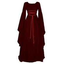 (Burgundy, L) Abito da donna per Halloween: maniche lunghe, scollo rotondo, cintura, stile irregolare