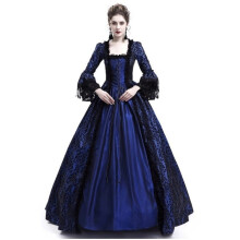 (Navy Blue, XXL) Abito di corte medievale con inserti in pizzo e maniche a campana oversize.