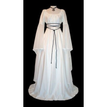 (White, L) Abito da donna per Halloween: maniche lunghe, scollo rotondo, cintura, stile irregolare