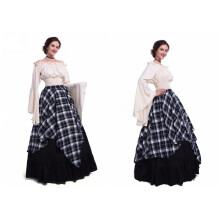 (Plaid Black, XXXL) Abito medievale rinascimentale da donna a maniche lunghe