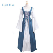 (Light Blue, M) Square Neck Laced Waist Medieval Renaissance Vintage Gown