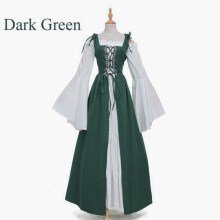 (Dark Green, L) Square Neck Laced Waist Medieval Renaissance Vintage Gown