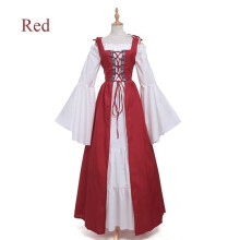 (Red, L) Square Neck Laced Waist Medieval Renaissance Vintage Gown