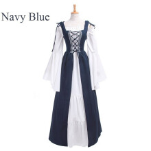 (Dark Blue, 5XL) Square Neck Laced Waist Medieval Renaissance Vintage Gown