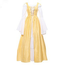 (Yellow, L) Square Neck Laced Waist Medieval Renaissance Vintage Gown
