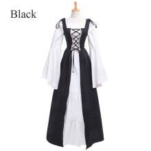 (Black, L) Square Neck Laced Waist Medieval Renaissance Vintage Gown