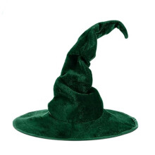 (Green) Cappello da strega di velluto attorcigliato per Halloween, nero, da mago, stregone o maga, per costume.