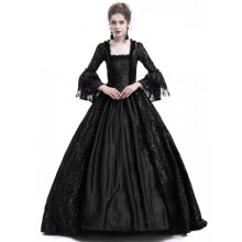 (Black, XL) Abito di corte medievale con inserti in pizzo e maniche a campana oversize.