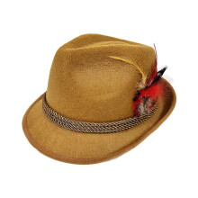 (Camel color with red feather) Mørkebrun jazzhatt til Oktoberfest, brun jazzhatt til karneval, flosshatt til sceneopptreden