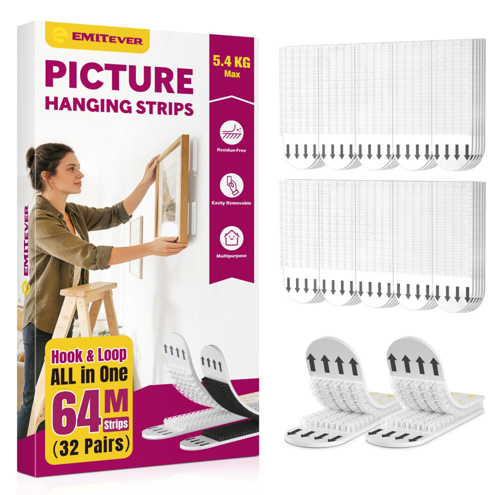 Emitever Picture Hanging Strips 32 Pair (64 Strips, M) Holds Up To 5.4 Kg, No Na 5007756196112