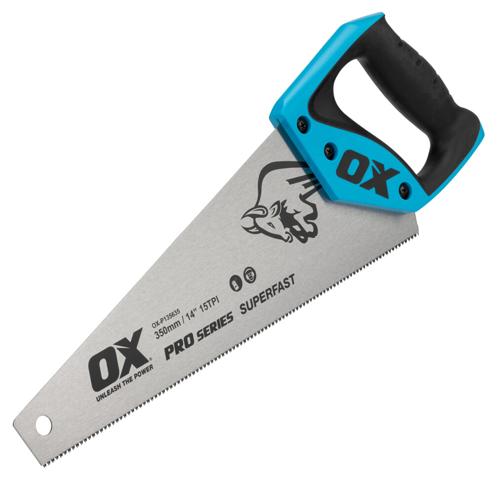 Ox Pro Toolbox Hand Saw 350Mm, Compact & Portable, Double Ground Hardened Steel Blade, 15 Tpi For Superfast Cuts, Ergonomic Soft Grip Handle, Built-I 5002160053884