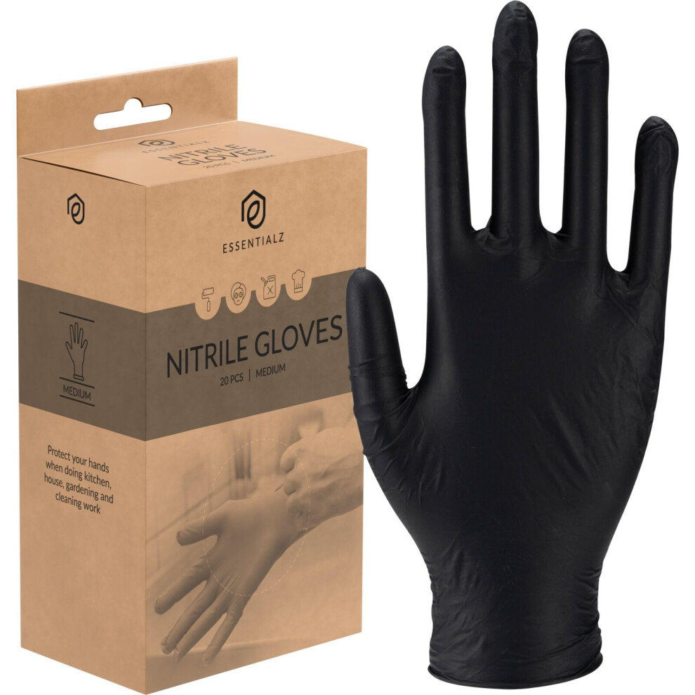 Essentialz Black Nitrile Disposable Gloves, Medium, Pack Of 20, Latex-Free, Powder-Free, Food Safe, Ce Certified, Extra Soft & Elastic For Cleaning, 5001022114213