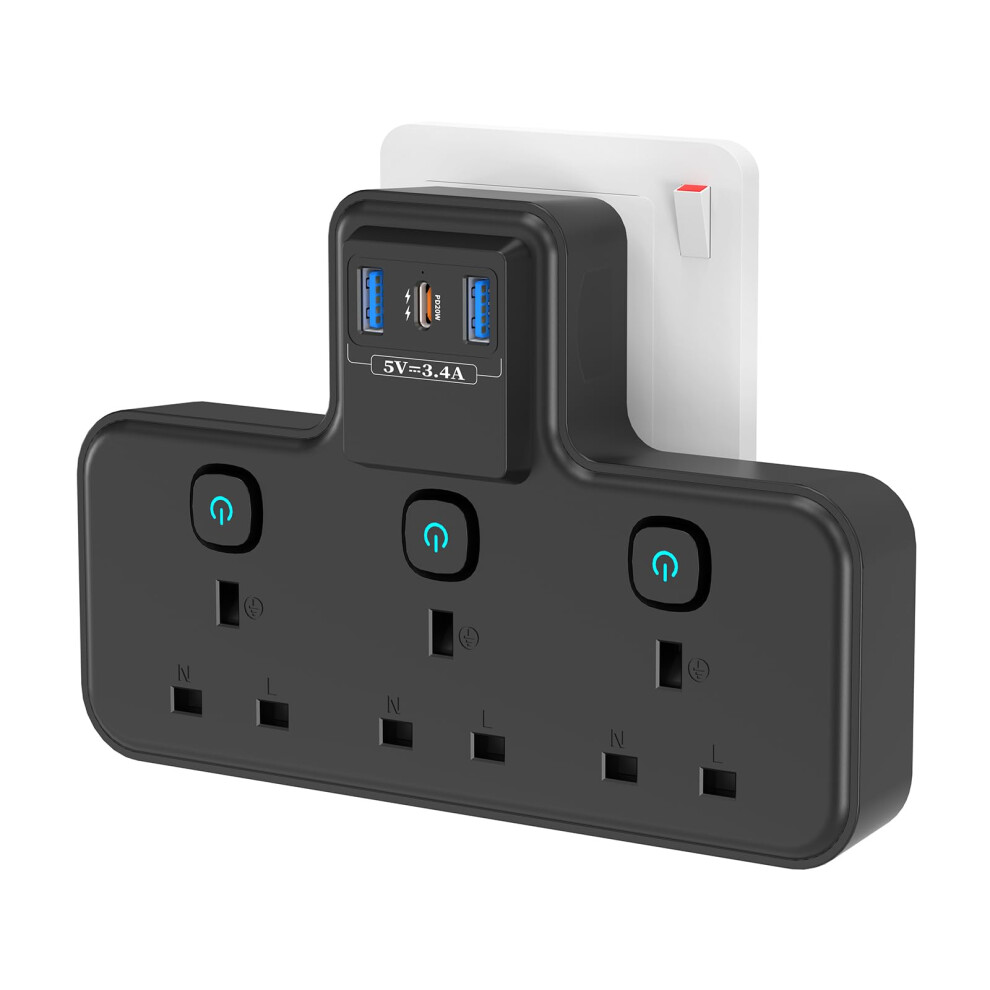 Multi Plug Extension Socket With Pd20w Usb C Slot, 3 Way Plug Adapter With Independent Switches 3 Usb, Passus 13A 3250W Uk Wall Adaptor Built-In Surg 5004680424465